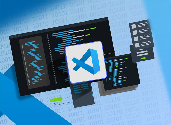 some logo of vs code and some ones and zeroes