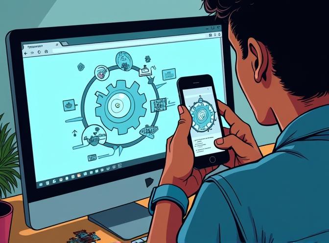 A comic image of a man is taking a photo of the diagram on the screen A comic image of a man is taking a photo of the diagram on the screen