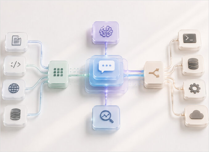 illustration in light tones of a layered AI assistant architecture with data flow lines, memory nodes, and servers, no text.