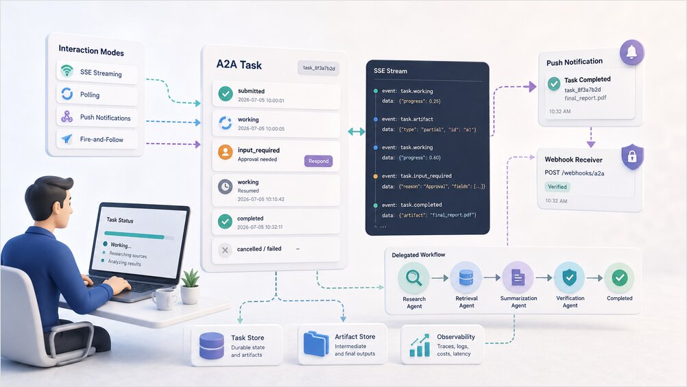 A2A streaming and async task lifecycle for long-running agent workflows