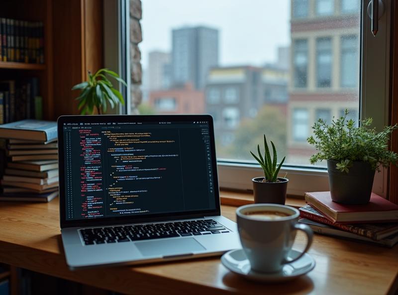 Coder's laptop with hot mug of coffee next to the window Coder’s laptop with hot mug of coffee next to the window