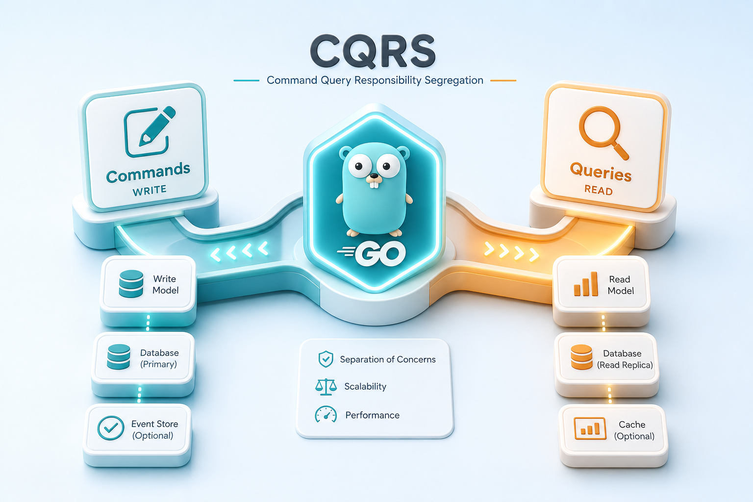 CQRS in Go — commands and queries as separate paths through a Go gopher hub