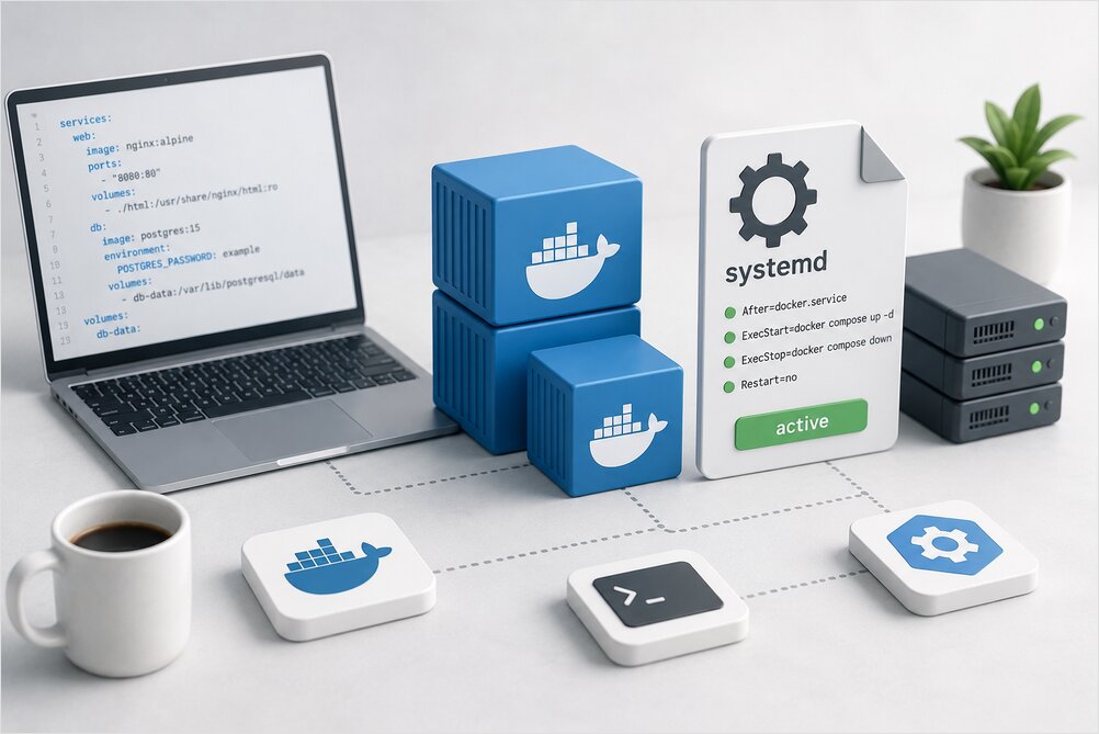 docker compose config ont the table with laptop