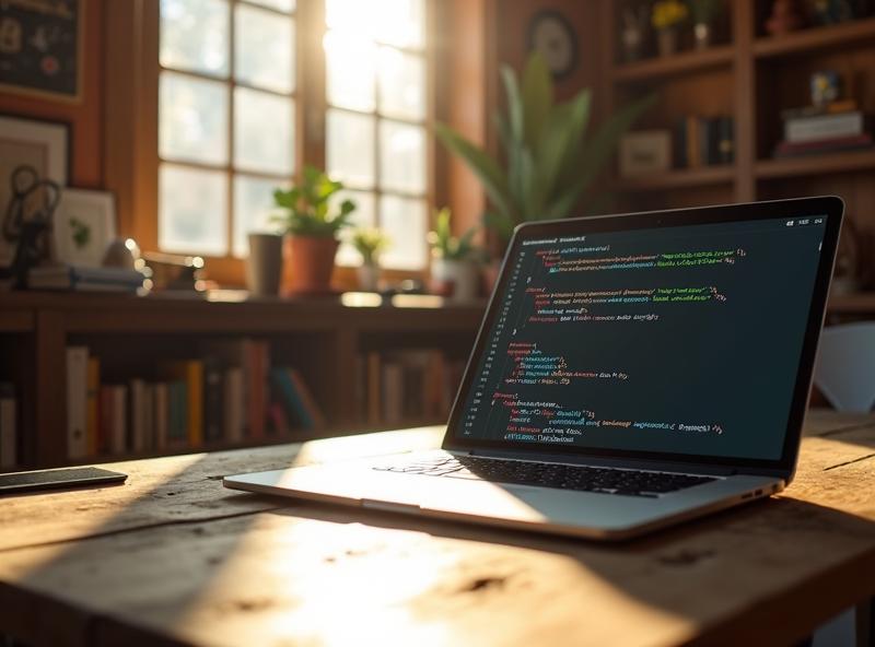 laptop on the wooden table with vscode