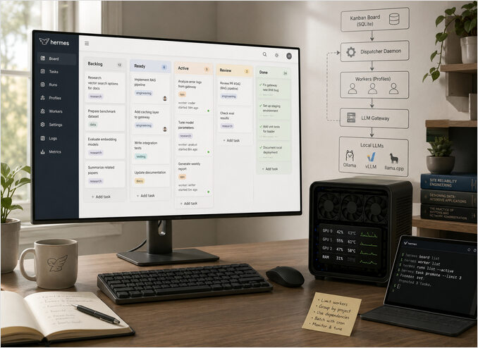 Hermes Kanban board with controlled workers