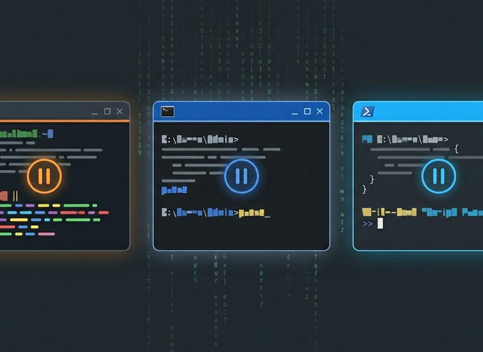 Terminalvensters — pauzeprompts in Bash, CMD en PowerShell