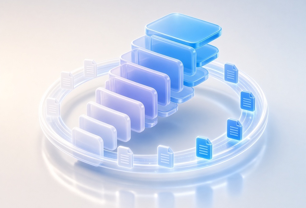 Glowing translucent stack of memory tiles spiraling into a loop, each tile larger than the last
