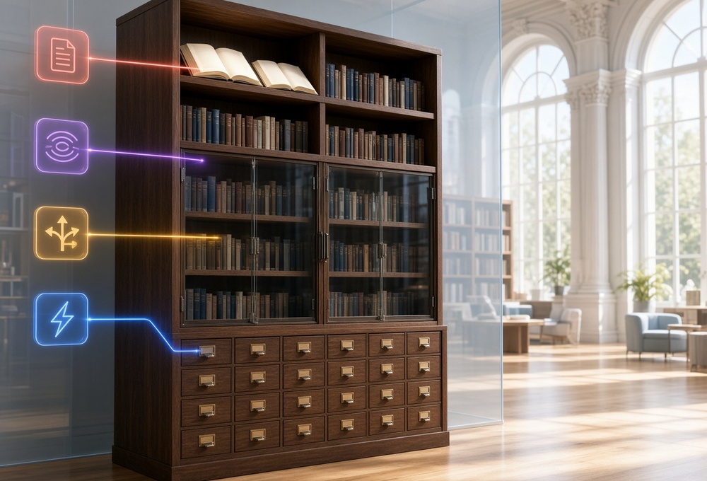 Access-tiered knowledge cabinet for an AI agent in a bright library: closed archive drawers at the bottom, books behind glass doors, open shelves above, and open books on top, each tier fed by its own injection trigger, with a glass partition marking a profile boundary