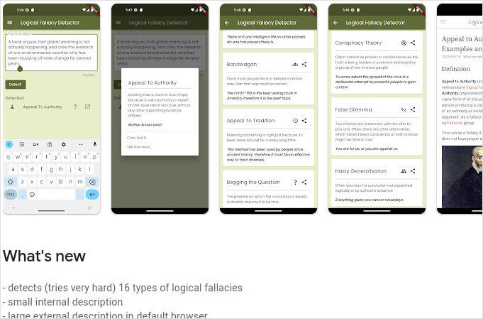 Google PlayStore ページの Logical Fallacy Detector アプリのスクリーンショット