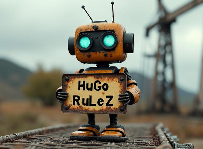 ロボットが「Hugo Rulez」と書かれた標識を持っている
