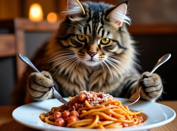 猫が二つのフォークを使ってスパゲッティ・ボロネーゼを食べている
