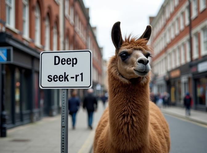 ロンドンの通りに立つLlamaはDeepseek-r1の看板の隣にいます