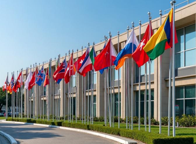 さまざまな国際的な国旗が行政ビルの前で並んでいる